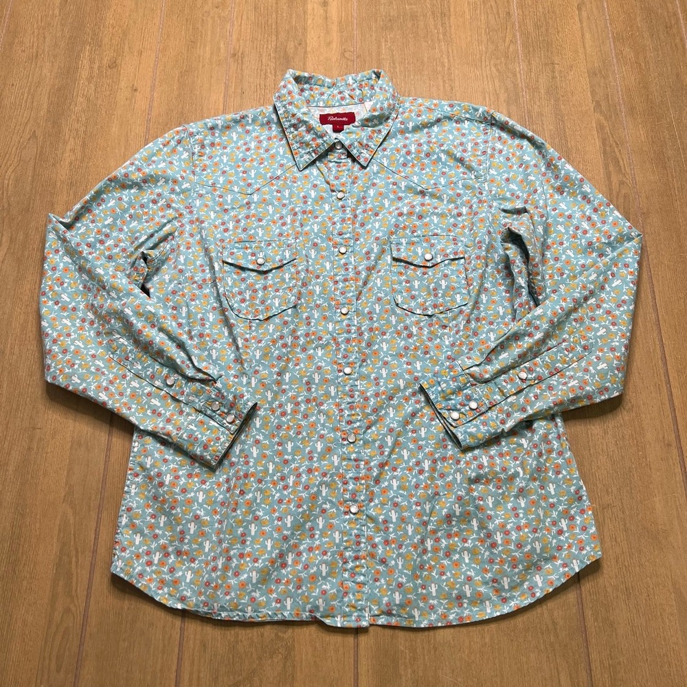 Panhandle Western Shirt Women L Blue Cactus Floral Pearl Snap Long Sleeve Top‎